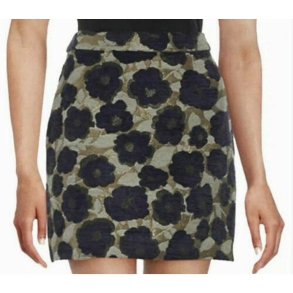 Sam Edelman Metallic Floral Jacquard Straight Pencil Mini Skirt 8 Navy Gold NWT
